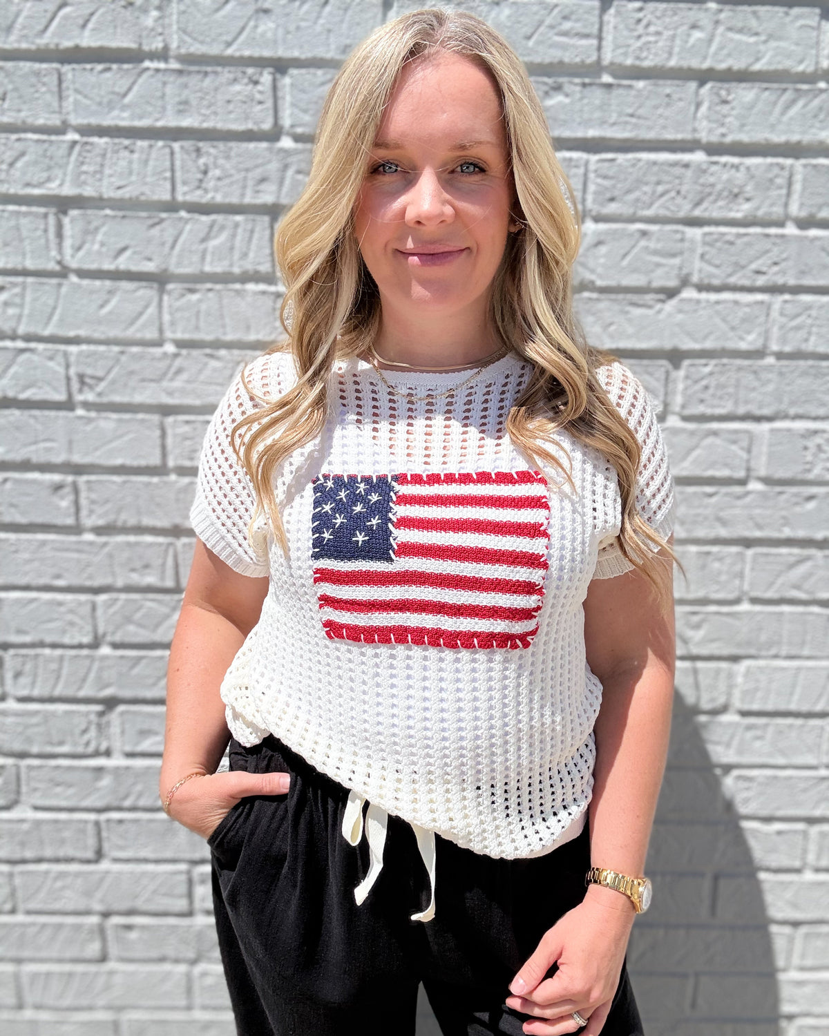 Viscose American Flag Stitch Sweater-Ivory
