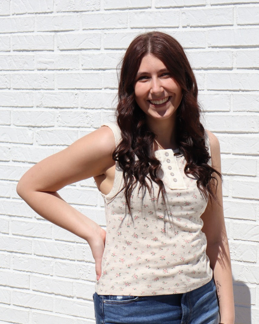 Floral Printed Knit Tank - Oatmeal