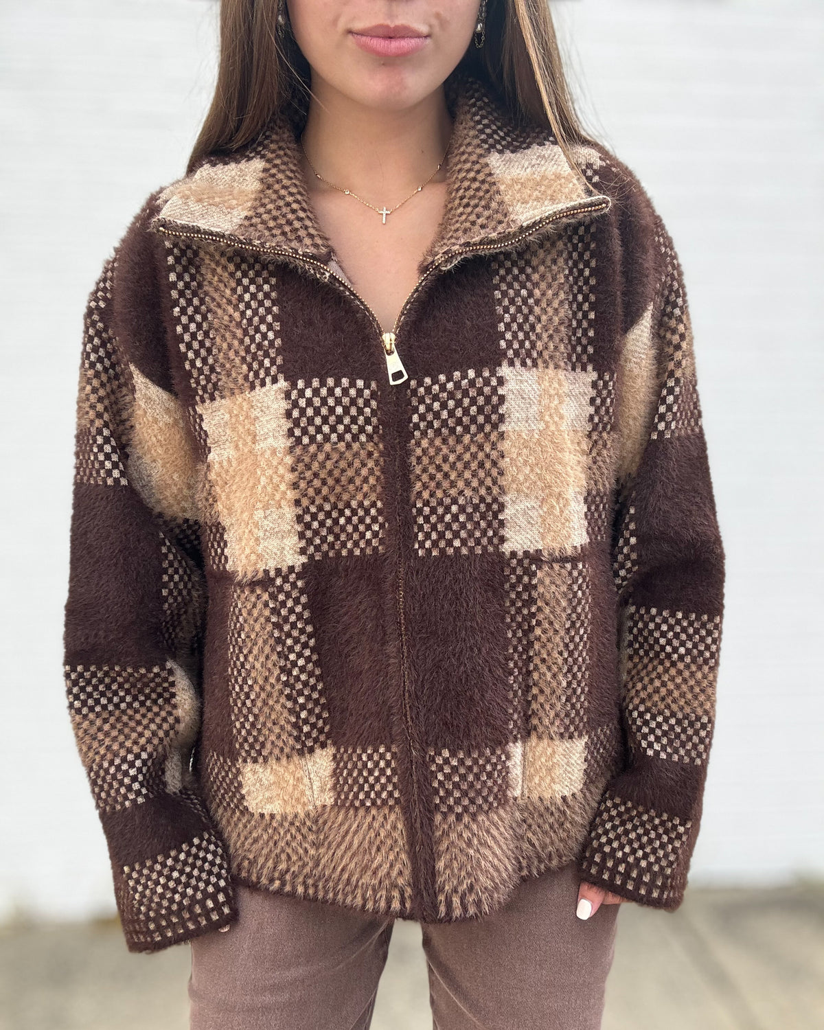 Checkered Oversized Fit Jacket-Taupe/Brown