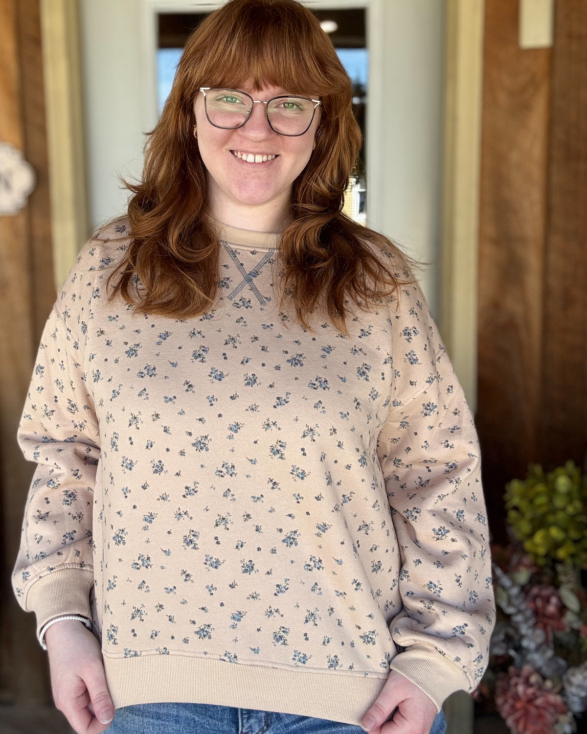 Khaki Multi Ditsy Floral Boxy Crew Neck Sweatshirt