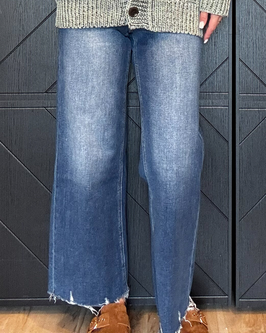 Mid Rise Medium Dark Wash Wide Leg Jeans