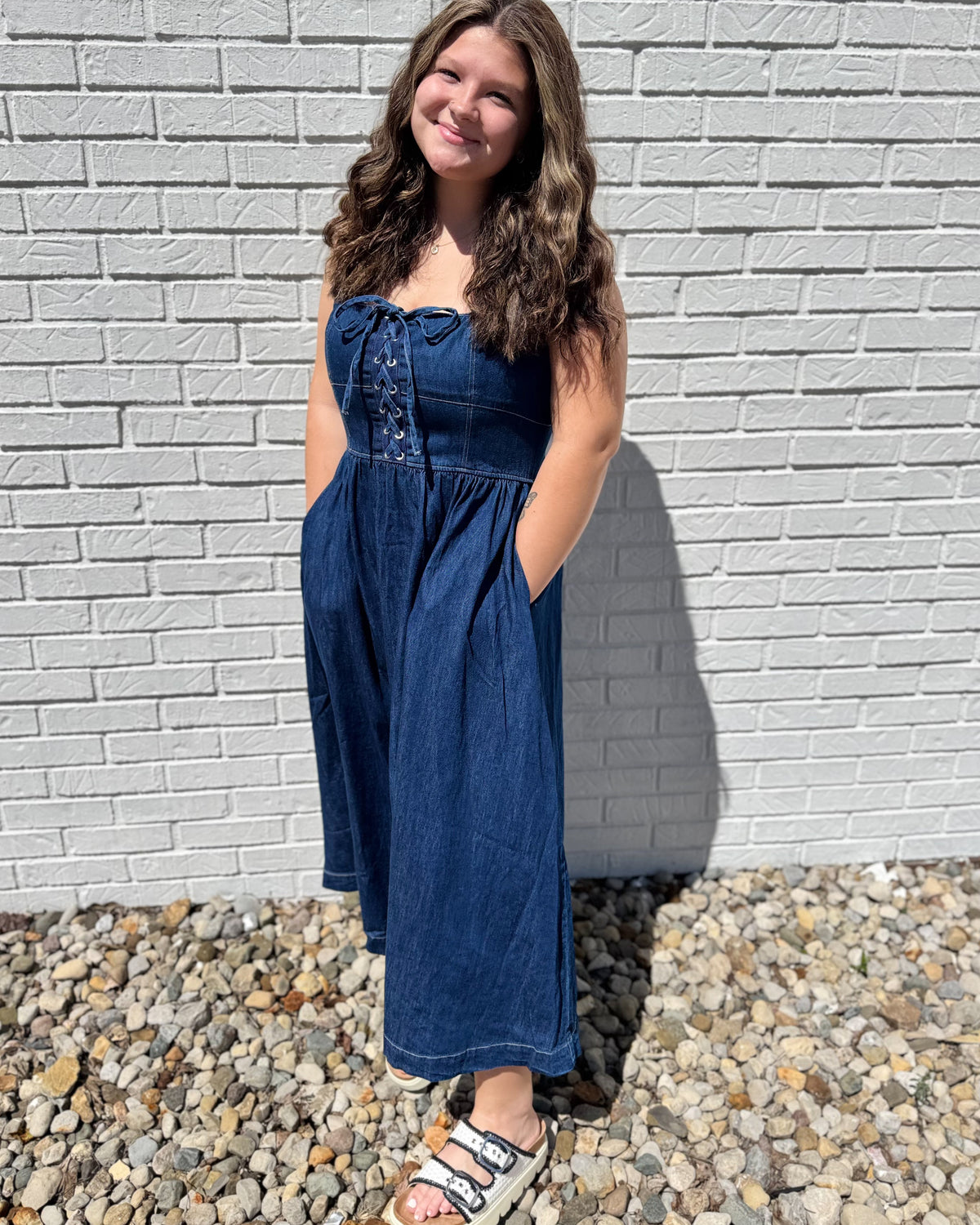 Front Lace Up Denim Midi Dress