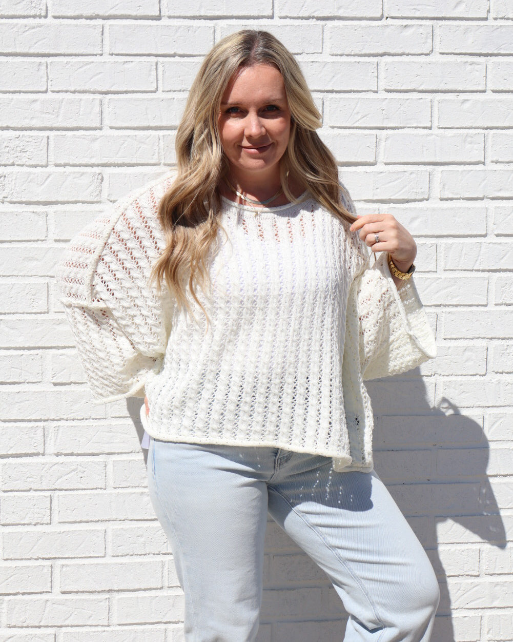3/4 Sleeve Cropped Sweater-Ivory