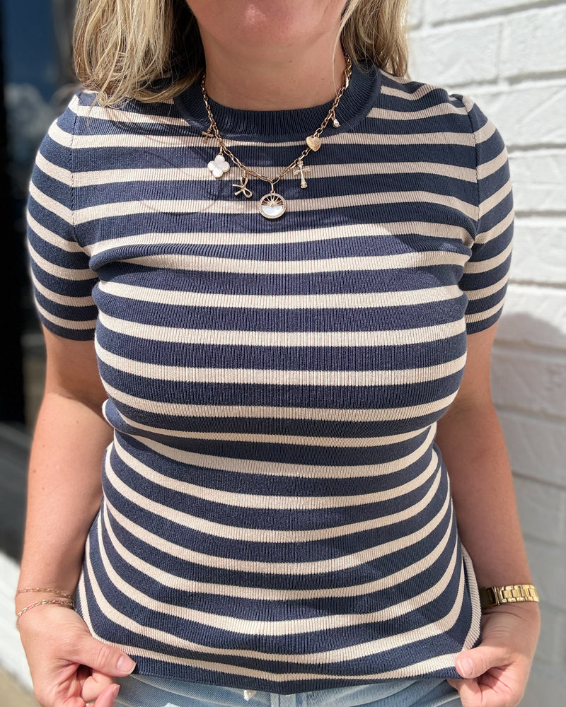 Teal Classic Striped Crewneck Short Sleeve Sweater