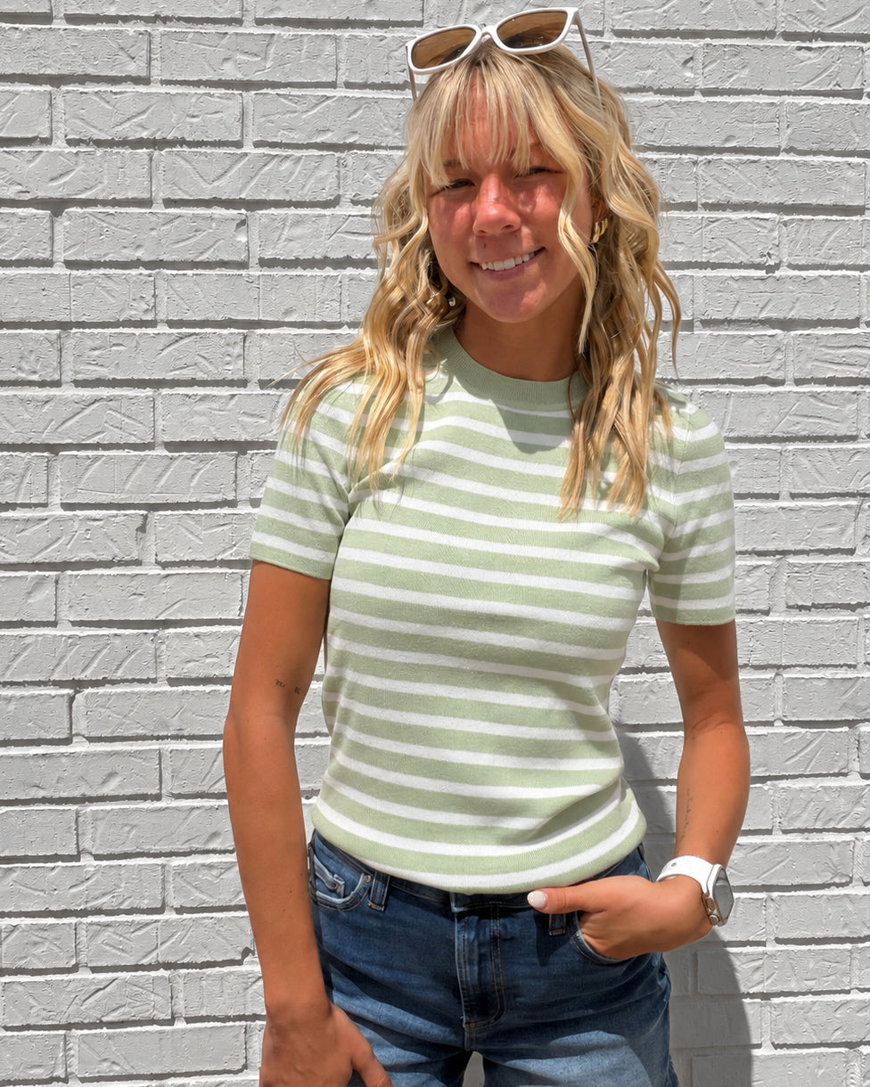 Lime Classic Striped Crewneck Short Sleeve Sweater