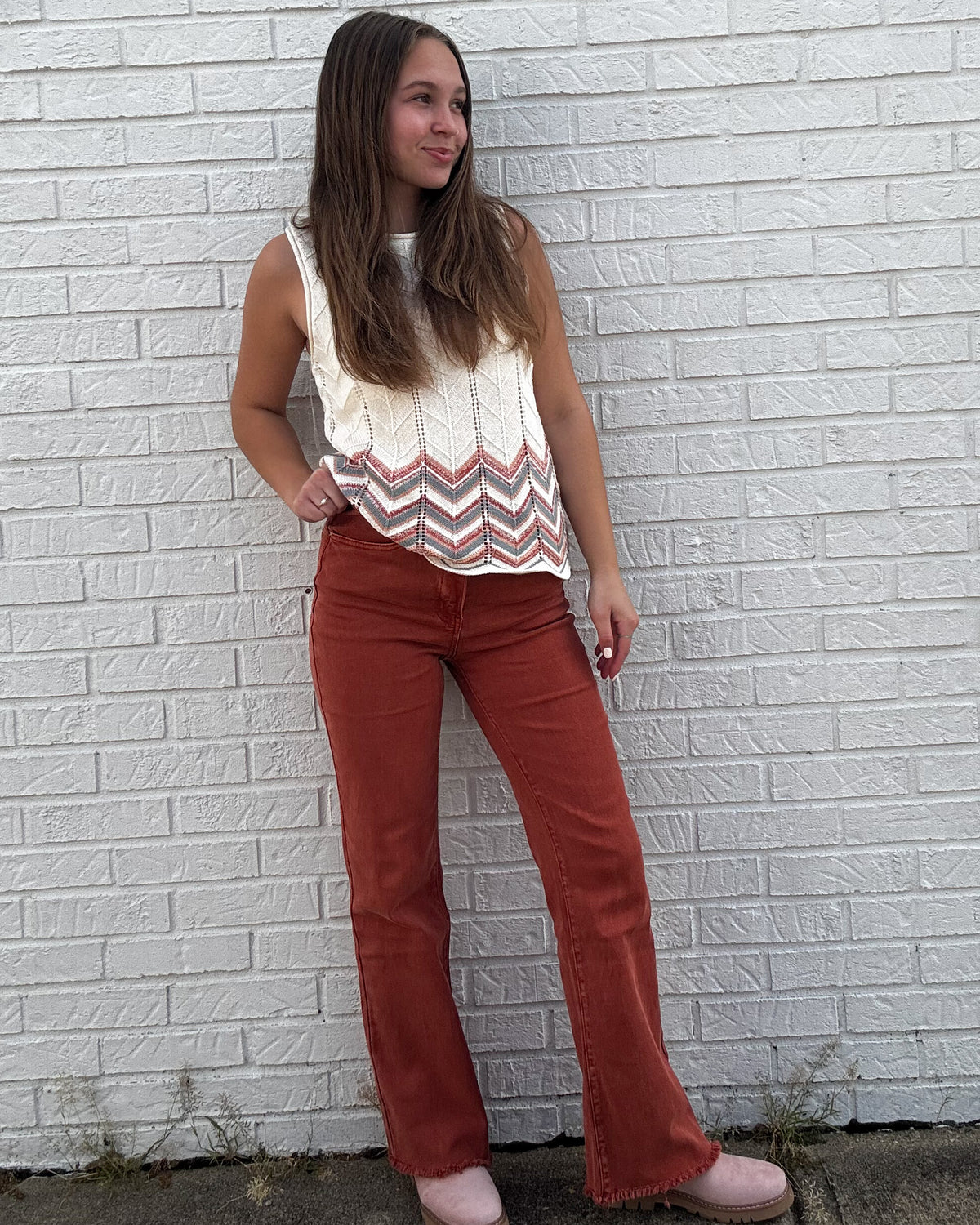 Rust Acid Washed Frayed Cutoff Hem Straight Wide Pants