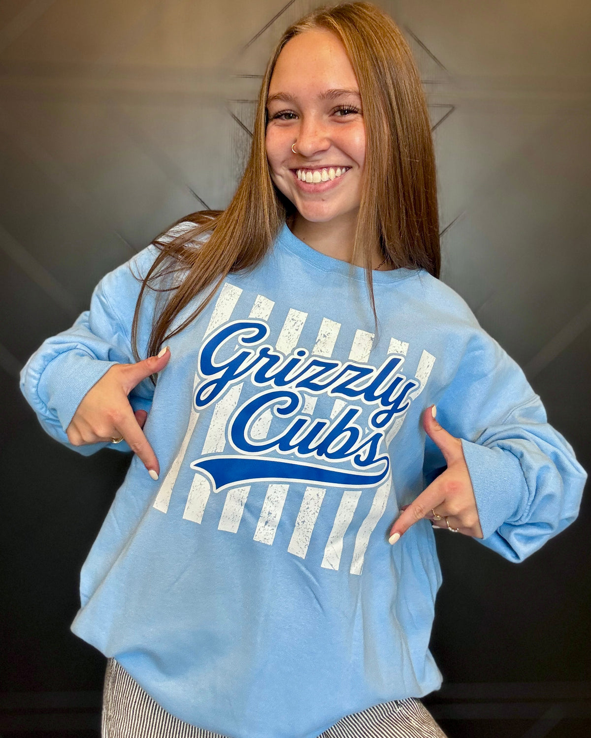 Grizzly Cubs Retro Stripe-Light Blue Crewneck
