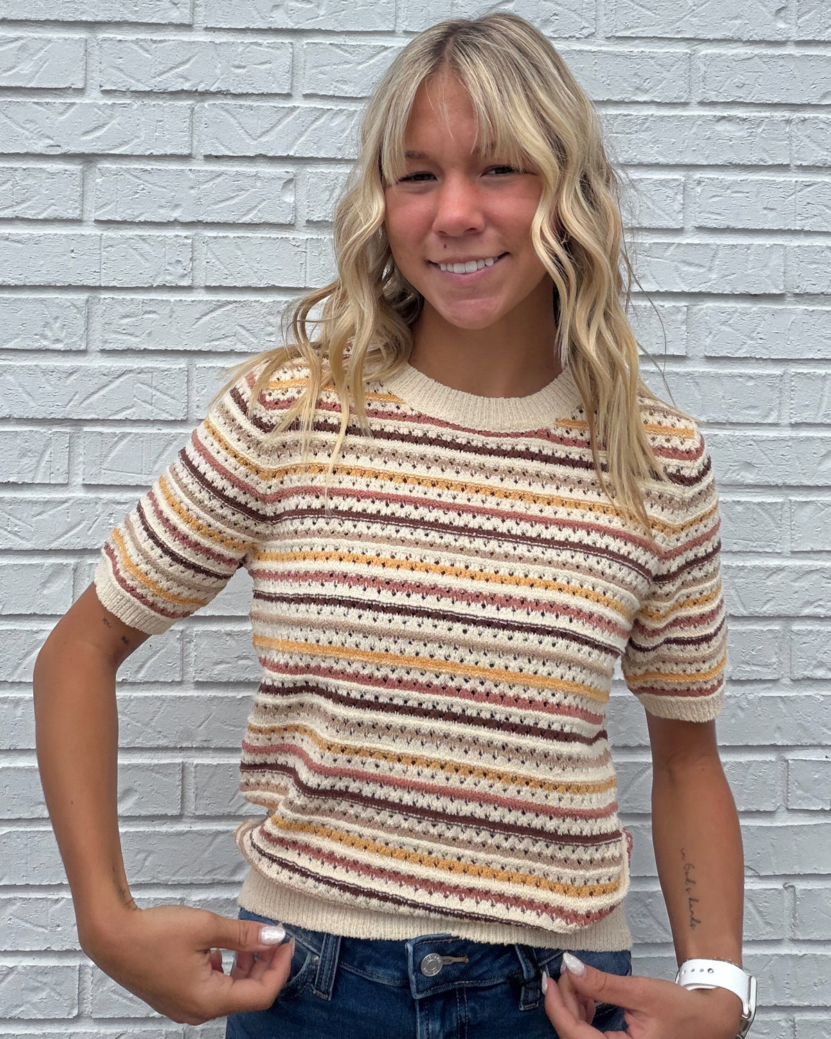 Brown Multi Color Stripe Short Sleeve Textured Sweater