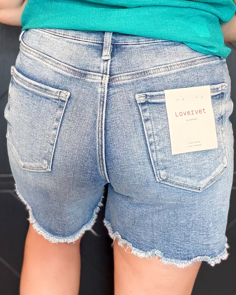 High Rise Raw Hem Midi Denim Shorts