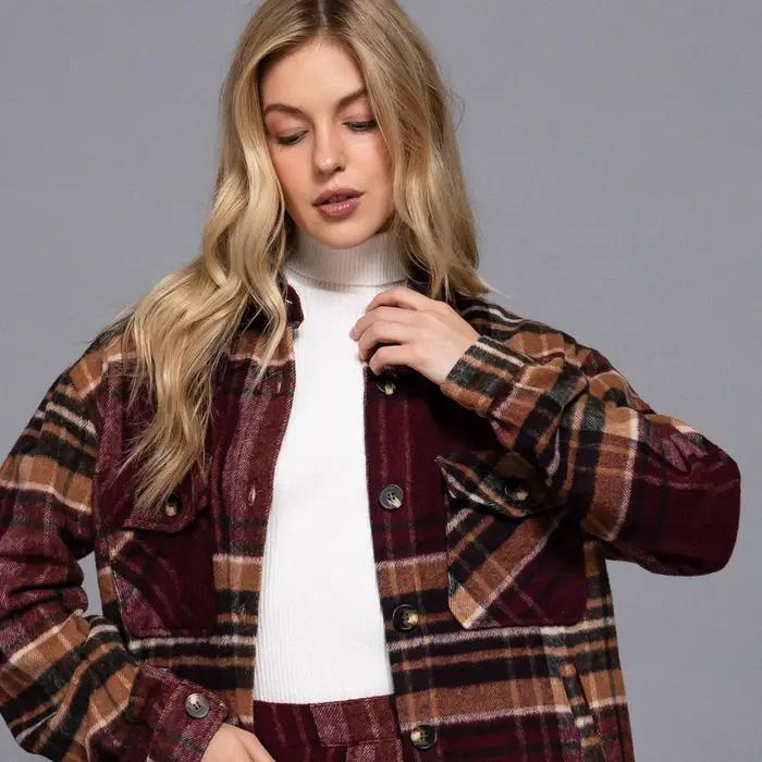 Wool Blend Plaid Jacket - Burgundy