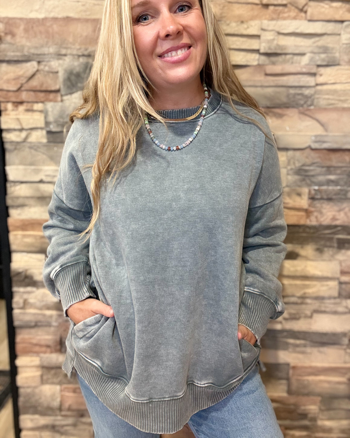 Ash Jade Acid Wash Fleece Hi Low Hem Pullover