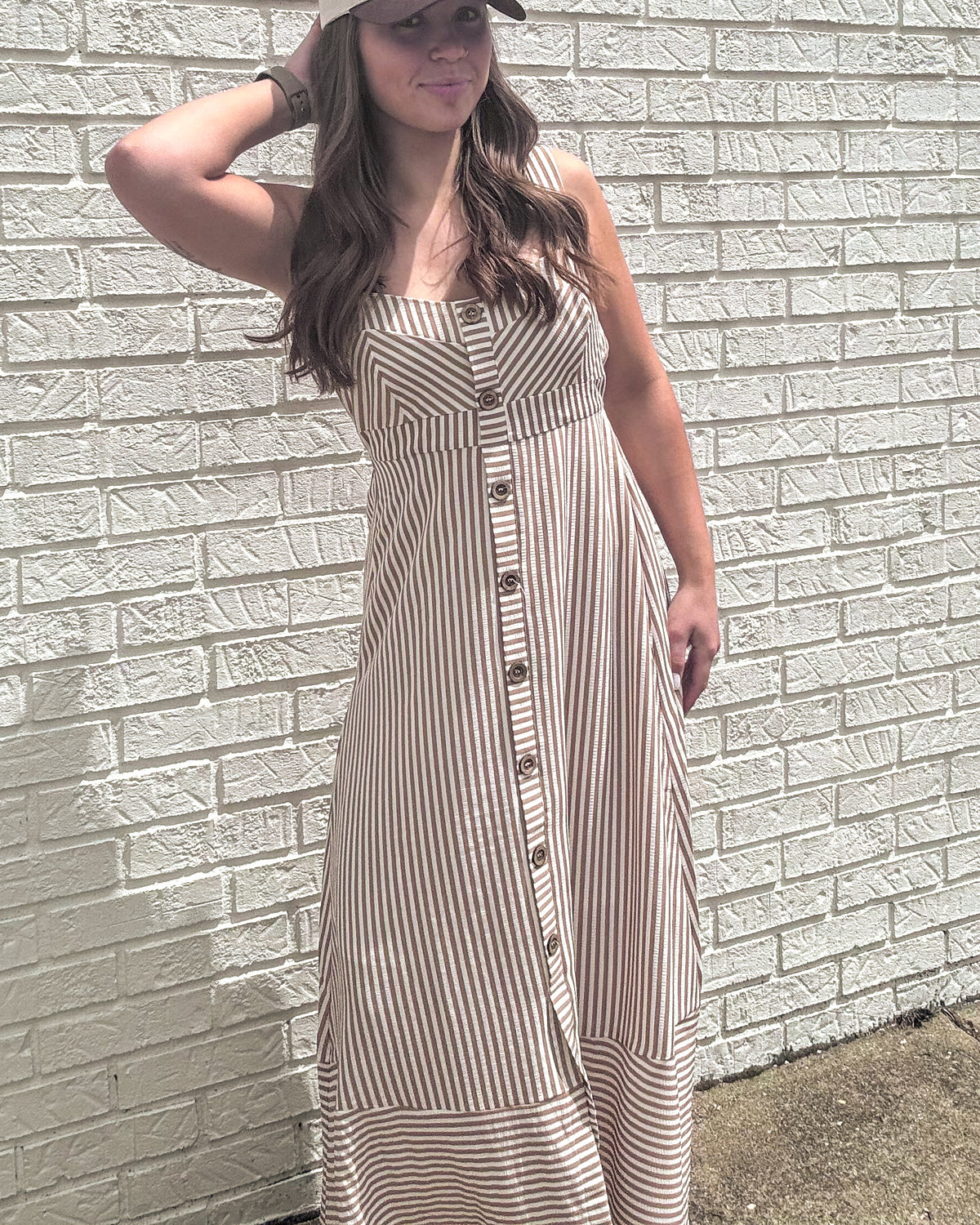Khaki Stripe Sweetheart Button Down Midi Dress