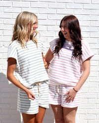 Striped Round Neck Short Sleeve Top- Sage Green