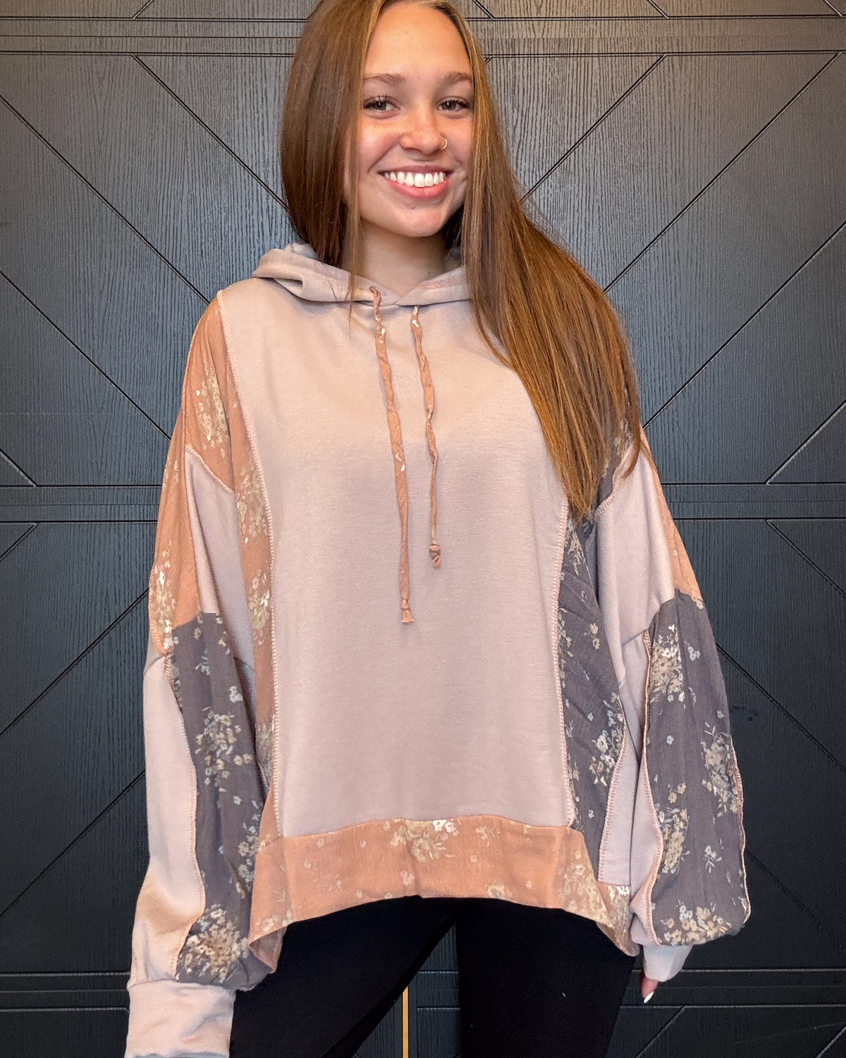 Floral Color Block Oversize Hoodie-Taupe