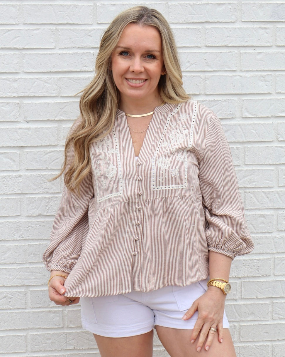 Embroidery Peasant Blouse-Mocha