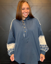 Denim Plaid Contrast Hoodie Pullover