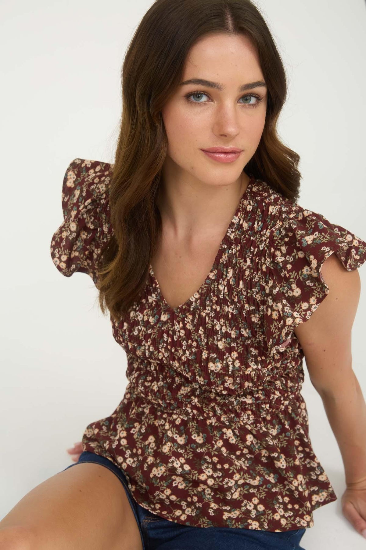 Floral Smocked Ruffle Sleeve Top