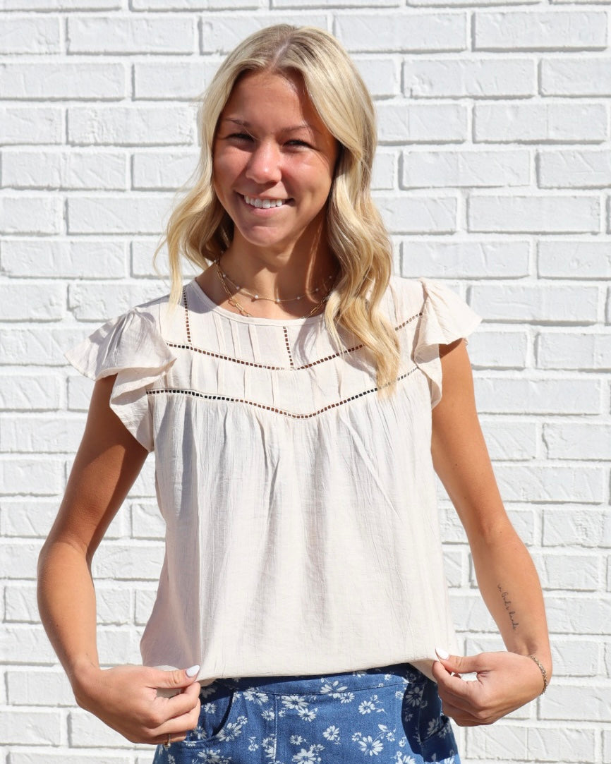 Lace Detail Flounce Sleeve Top-Oatmeal