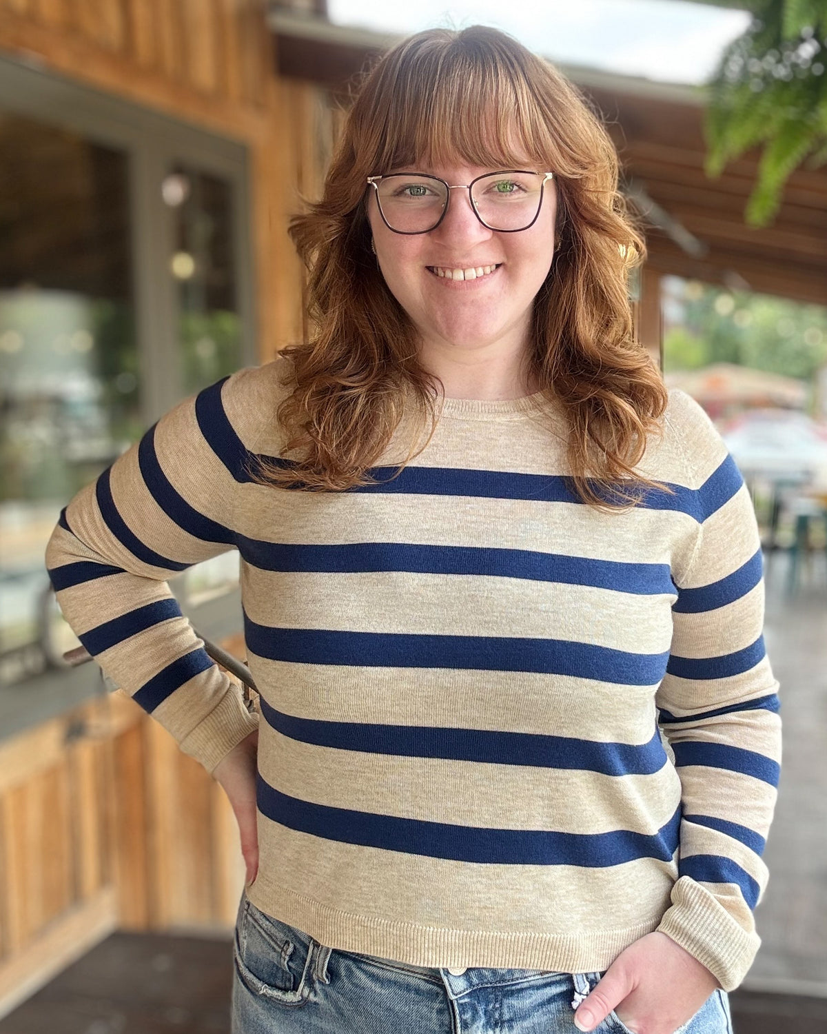 Navy Lightweight Striped Round Neck Sweater