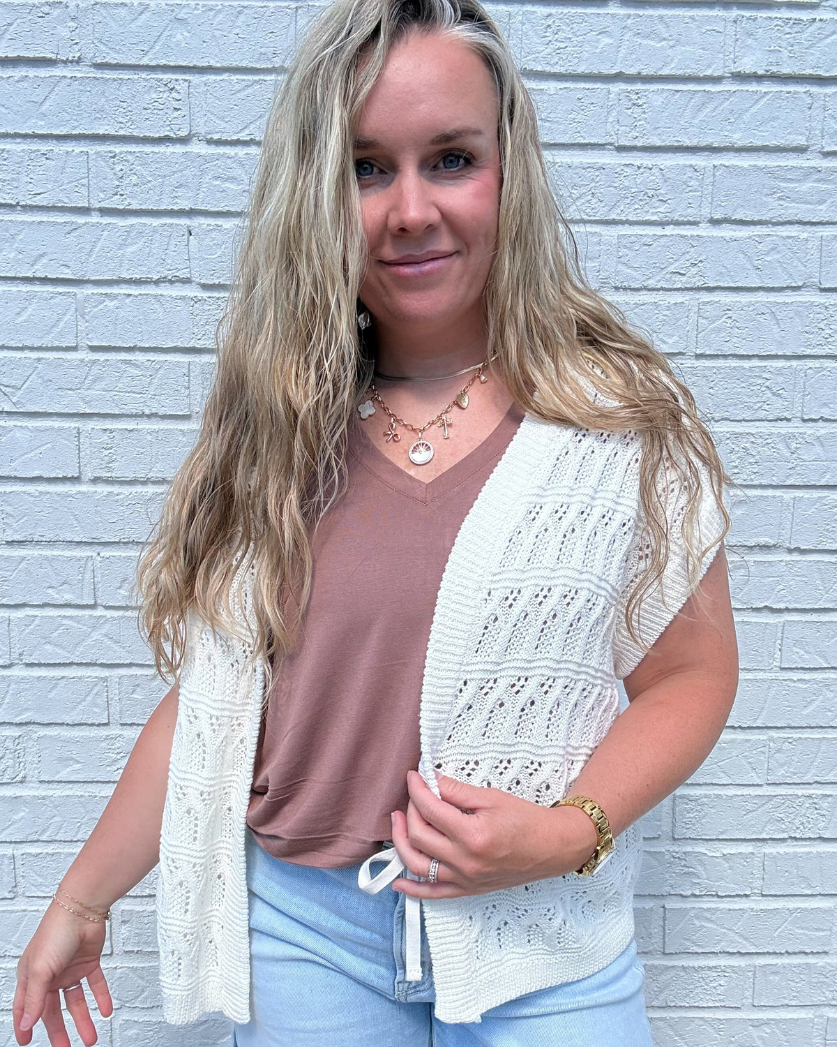 Off White Crochet Knit Open Cardigan