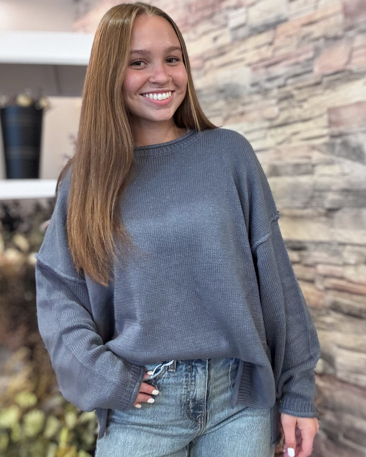 Dusty Blue Extended Long Sleeve Sweater