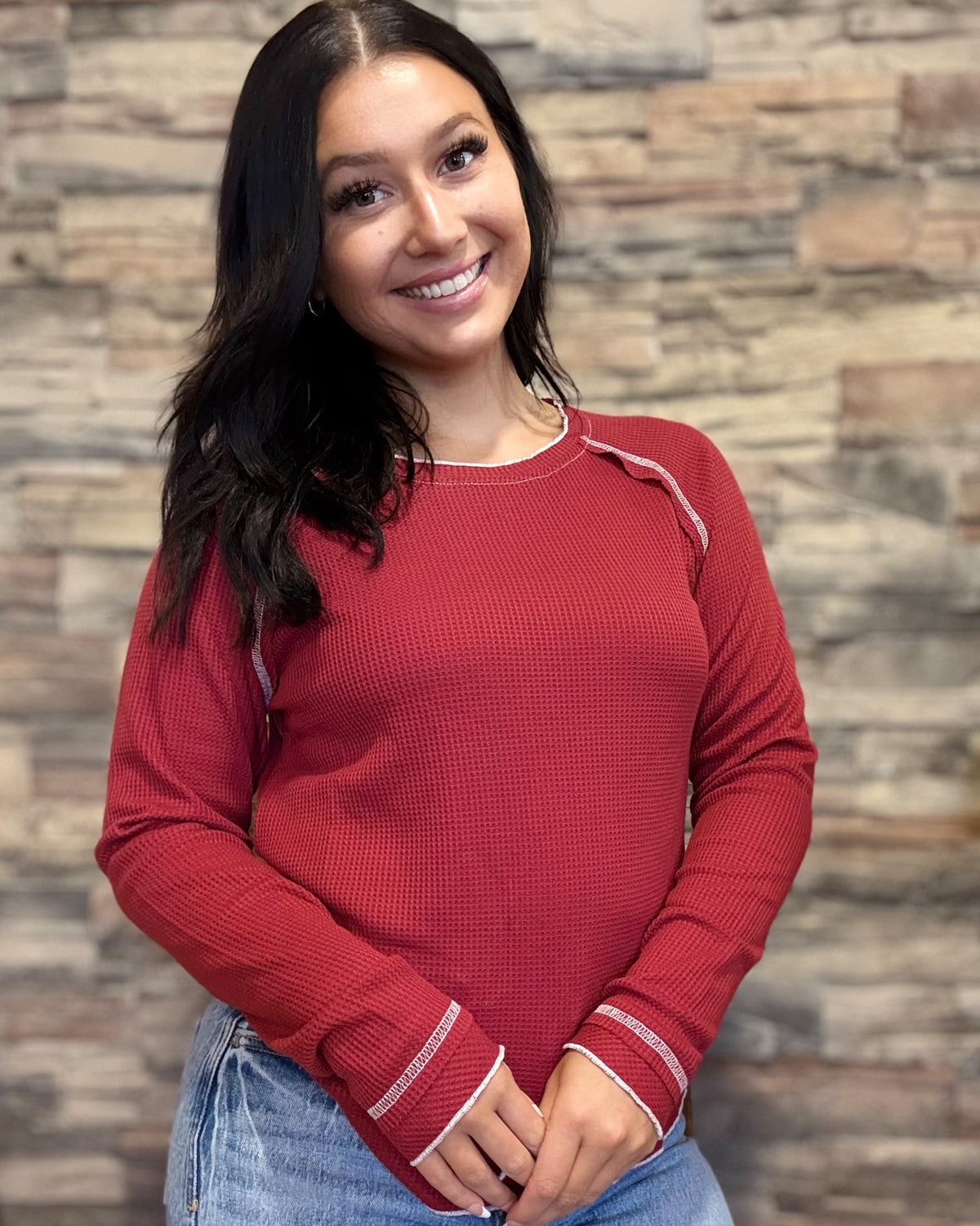 Textured Long Sleeve Top - Fiery Red
