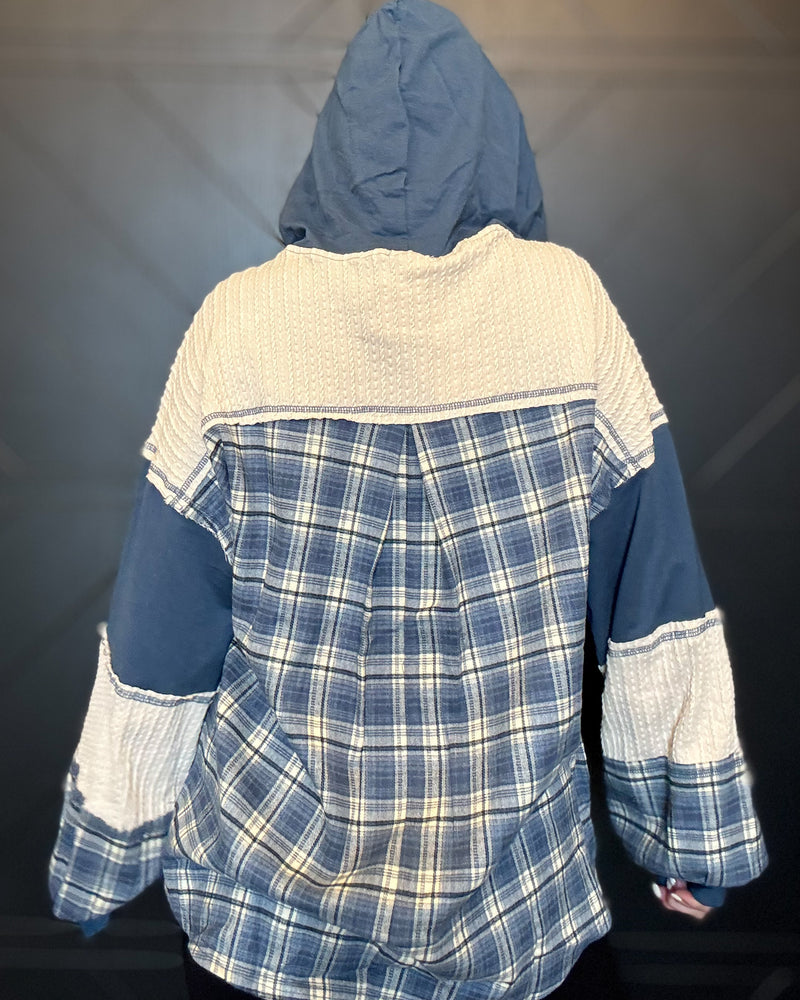 Denim Plaid Contrast Hoodie Pullover