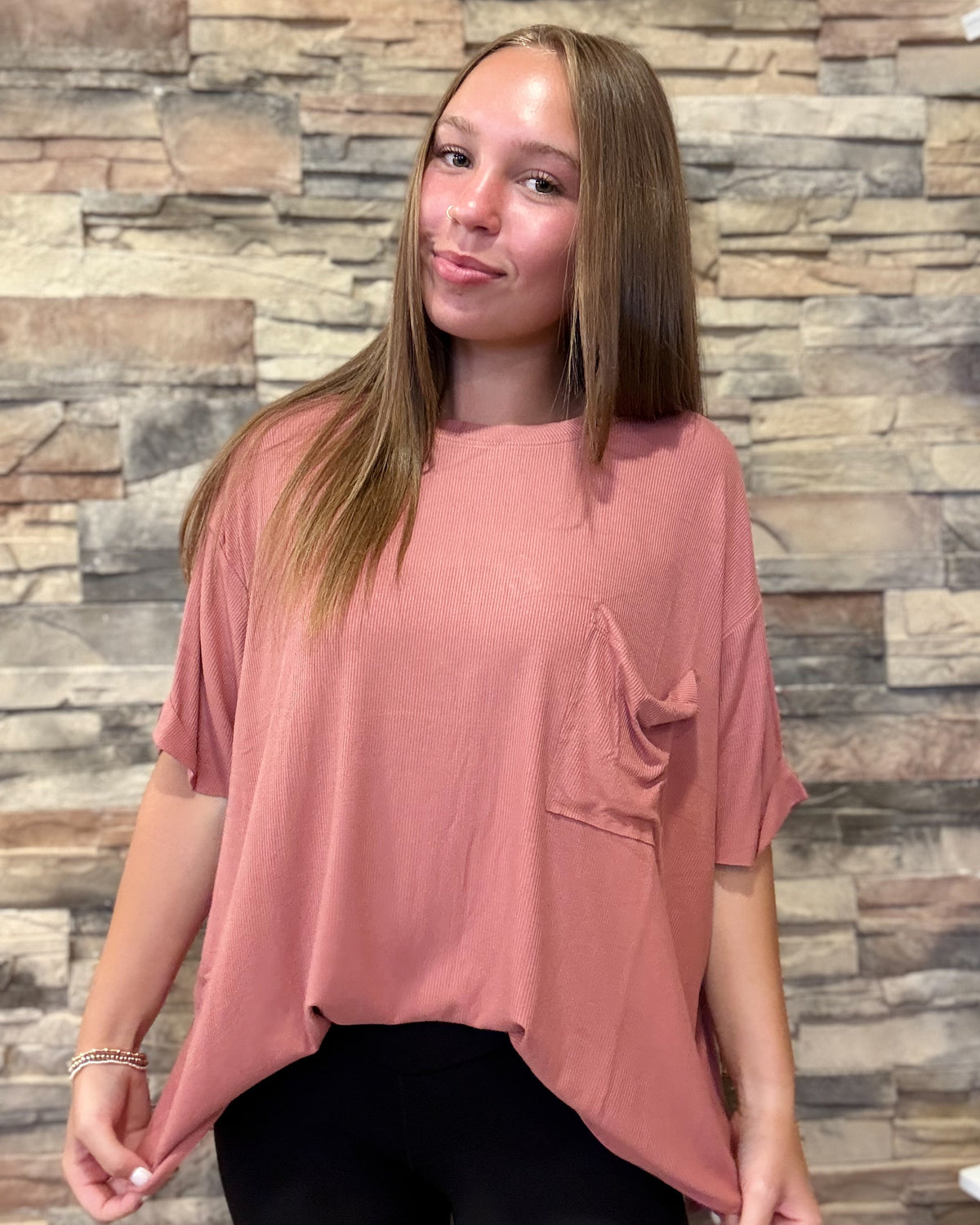 Winter Rose Oversized Ribbed Round Neck Tee