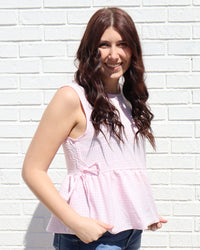 Gingham Peplum Top with Side Ties- Pink