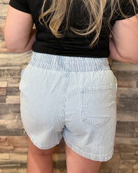 Sky Blue Stripe Drawstring Elastic Denim Shorts
