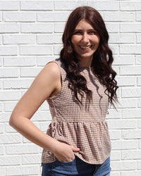Gingham Peplum Top With Side Ties-Blue