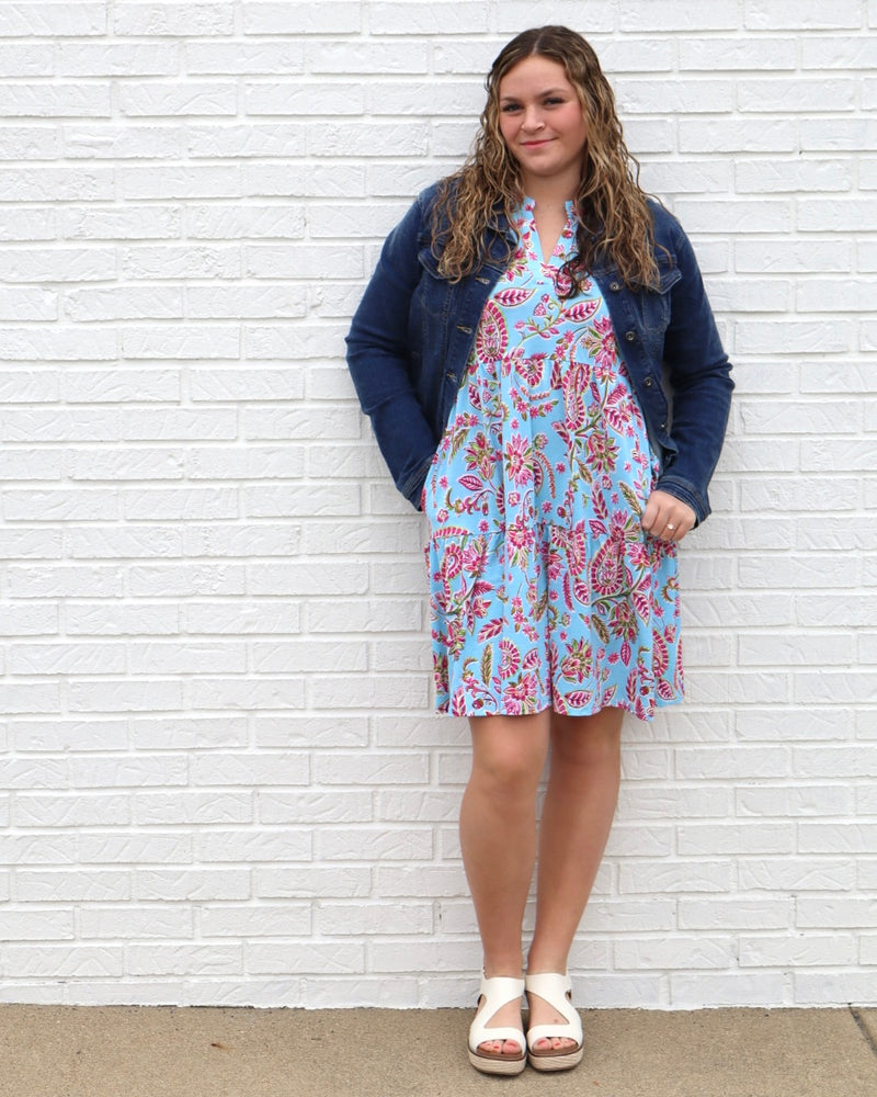 Flutter Sleeve Forever Dress - Aqua/Pink