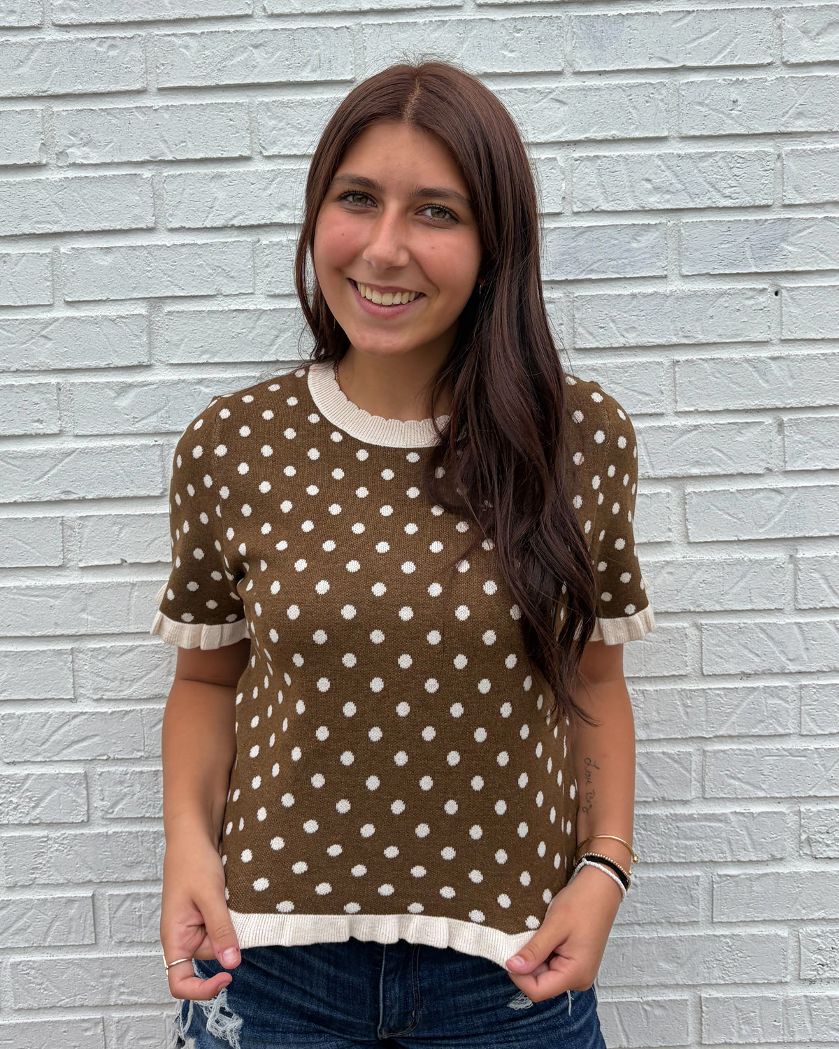 Brown/Ivory Polka Dot Ruffled Short Sleeve Top