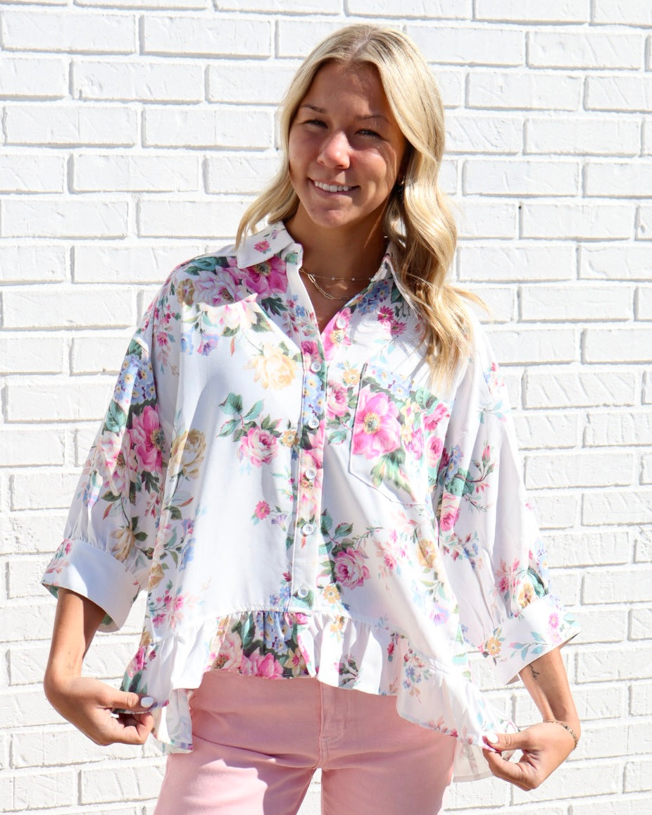 Floral Baby Doll Peplum Collared Top