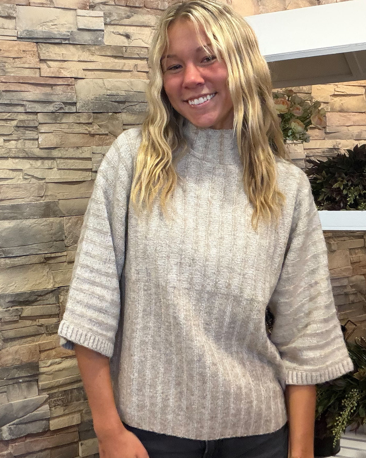 Oatmeal Ribbed Knit Mock Neck Sweater