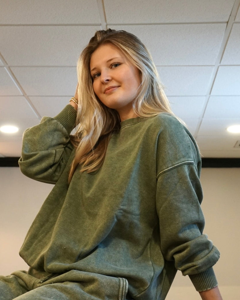 Acid Wash Fleece Oversized Pullover - Light Olive