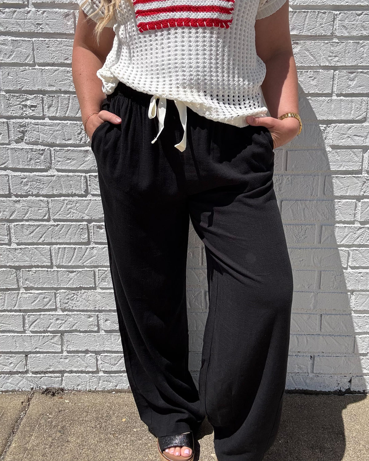 Linen Drawstring Pants-Black