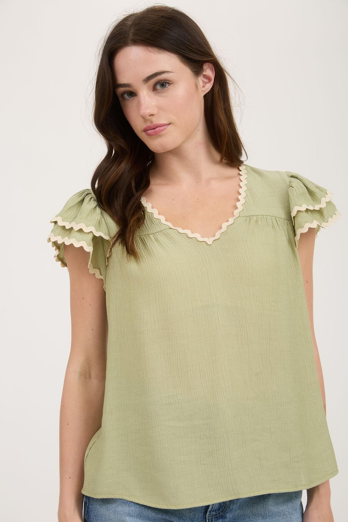 V-Neck Wavy Trim Ruffle Sleeve Top