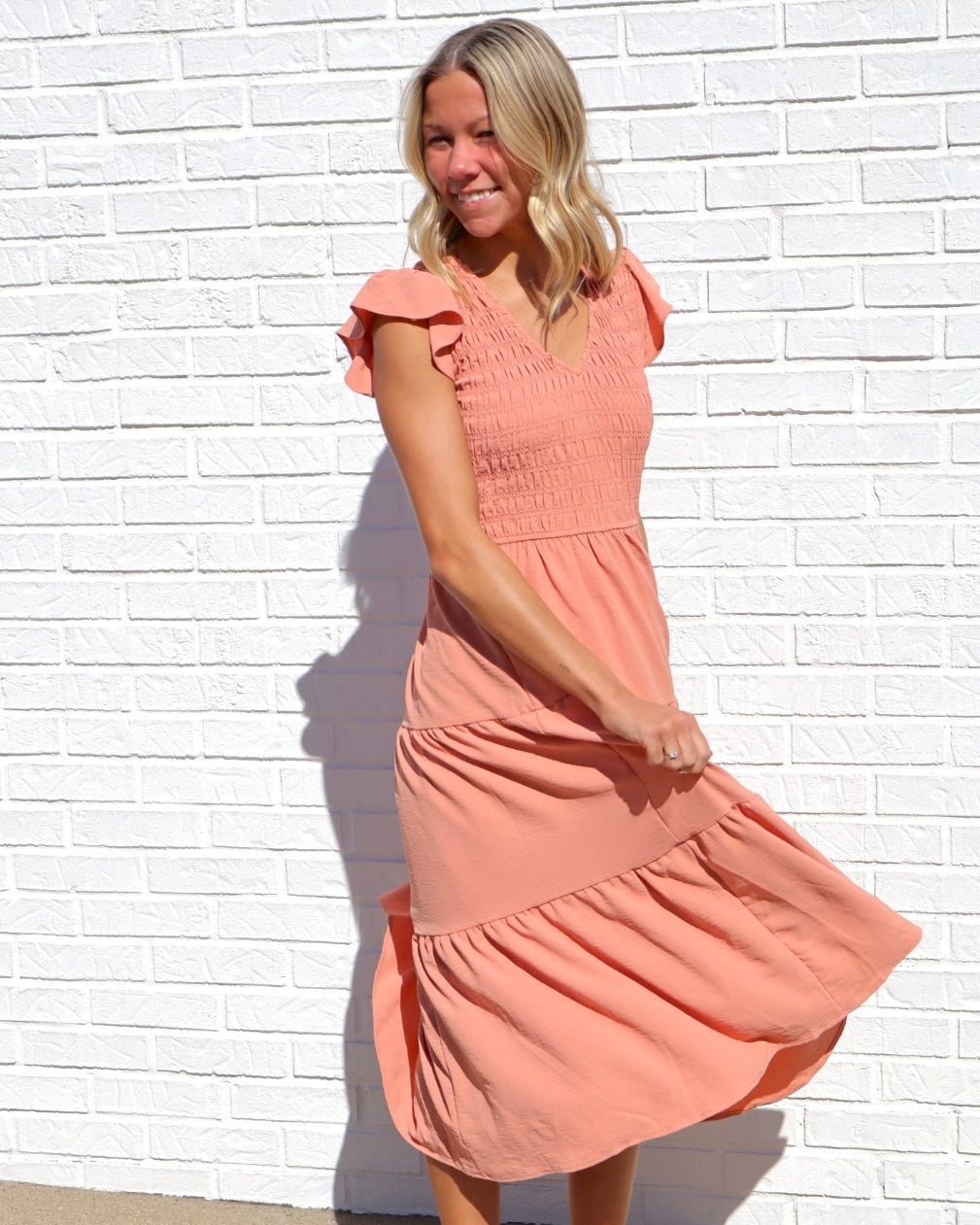 Flutter Sleeve Smocked Midi Dress - Peach