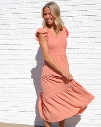 Flutter Sleeve Smocked Midi Dress - Peach
