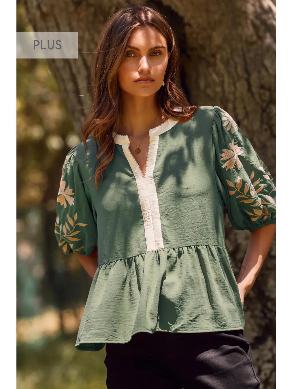 Plus Windswept Waist Blouse - Basil Green
