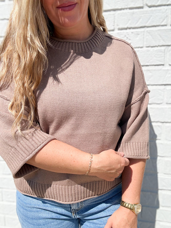 Taupe Exposed Seam Drop Shoulder Short Sleeve Pullover