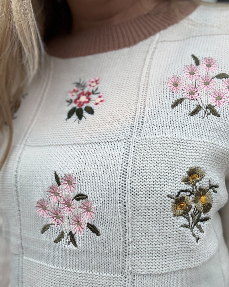 Ivory Round Neck Floral Embroidery Sweater