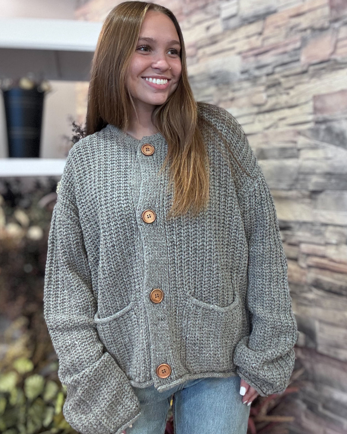 Grey Marled Button Down Top