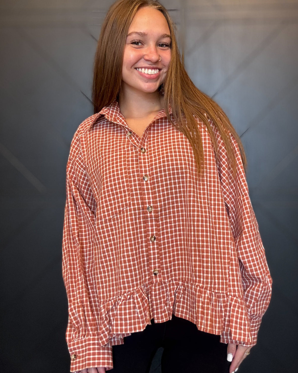 Chestnut Collared Babydoll Peplum Shirt