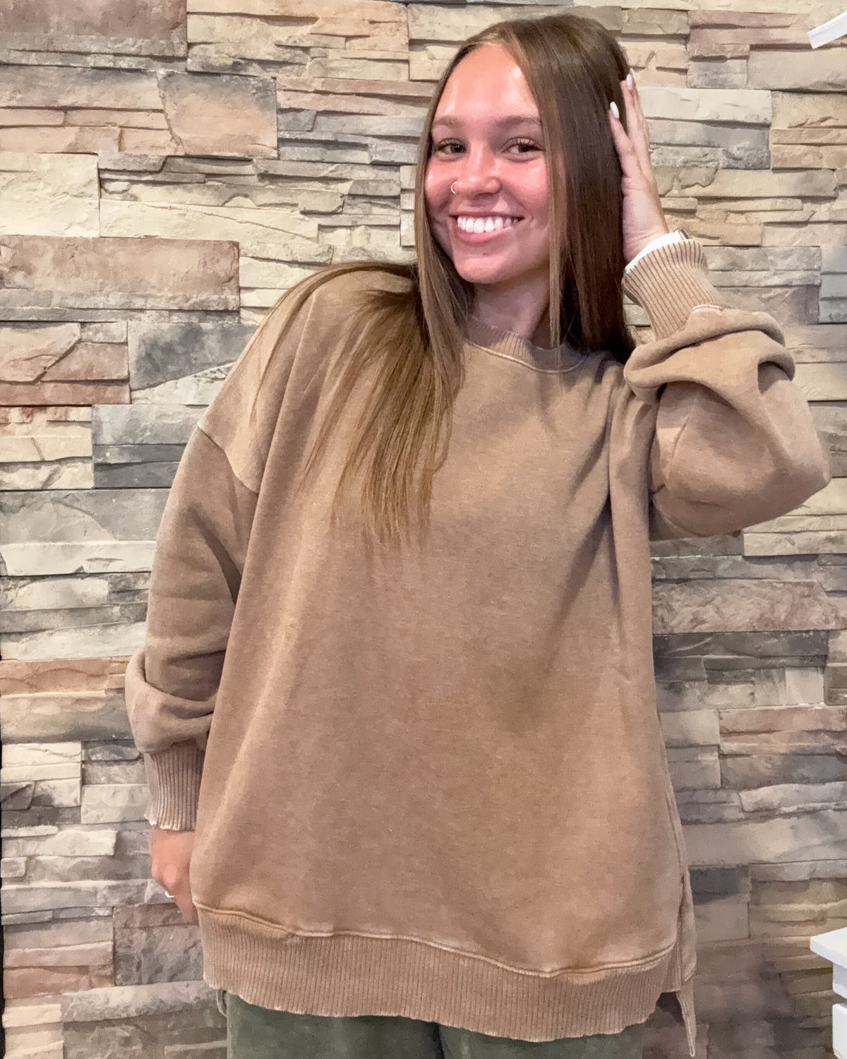 Deep Camel Acid Wash Fleece Hi Low Hem Pullover