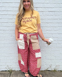 Floral Printed Patchwork Balloon Pants-Chili Pepper
