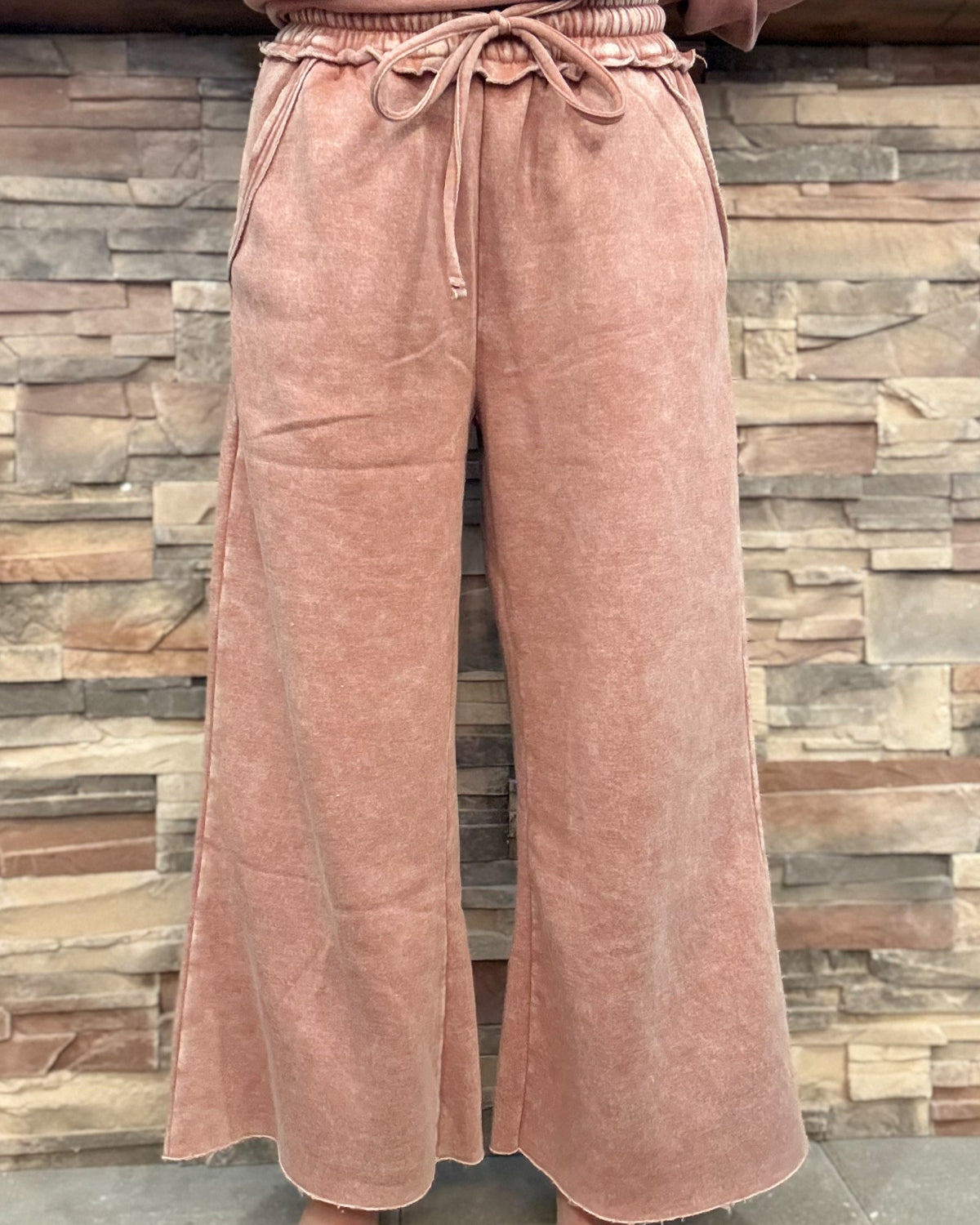 Rust Acid Wash Fleece Palazzo Pants