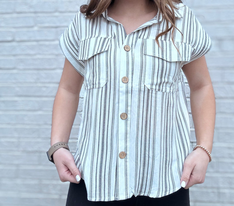 Black Stripe Short Sleeve Pocket Tab Detail Shirt