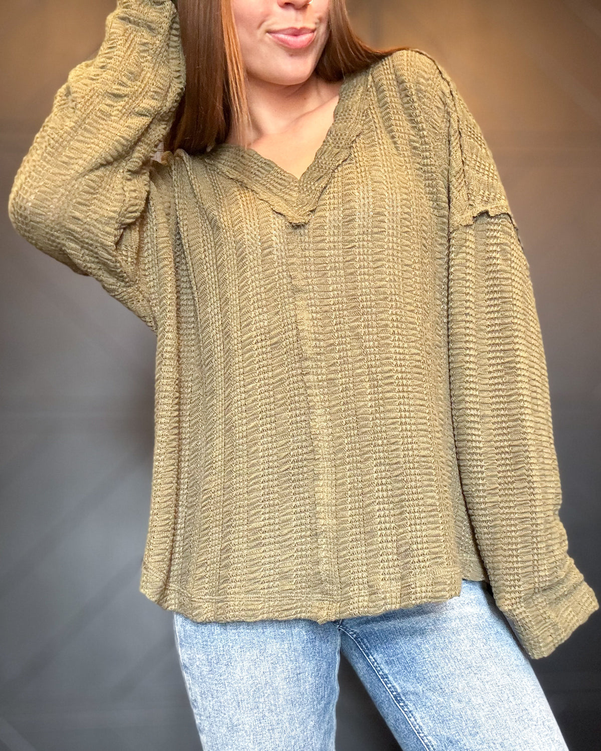 Olive Open Weave V-Neck Top